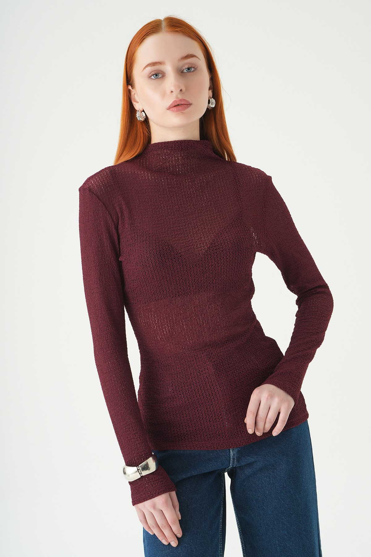 Dik Yaka Uzun Kol Bluz 251131 Bordo