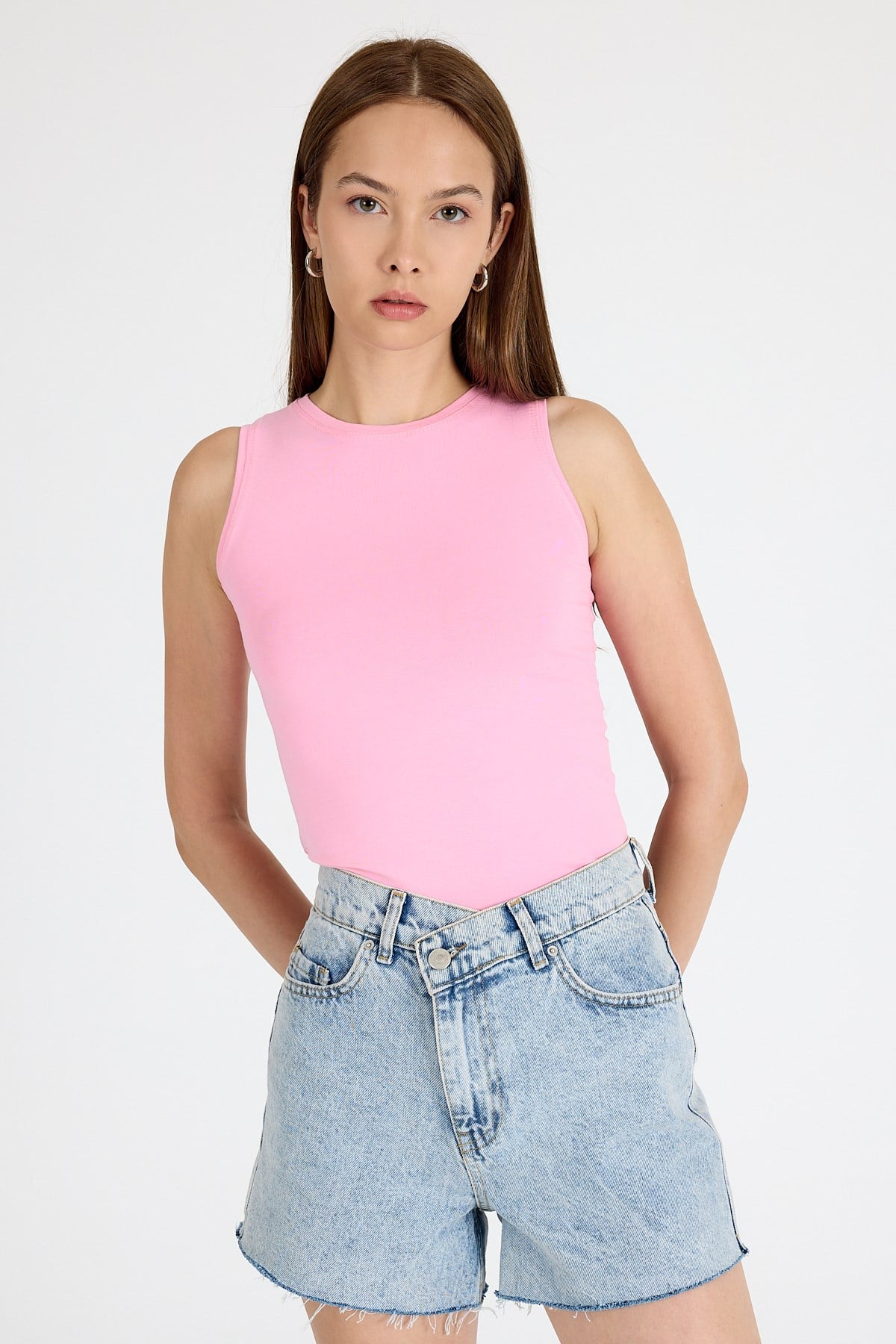 Pembe Bisiklet Yaka Kolsuz Slim Fit Atlet 1663