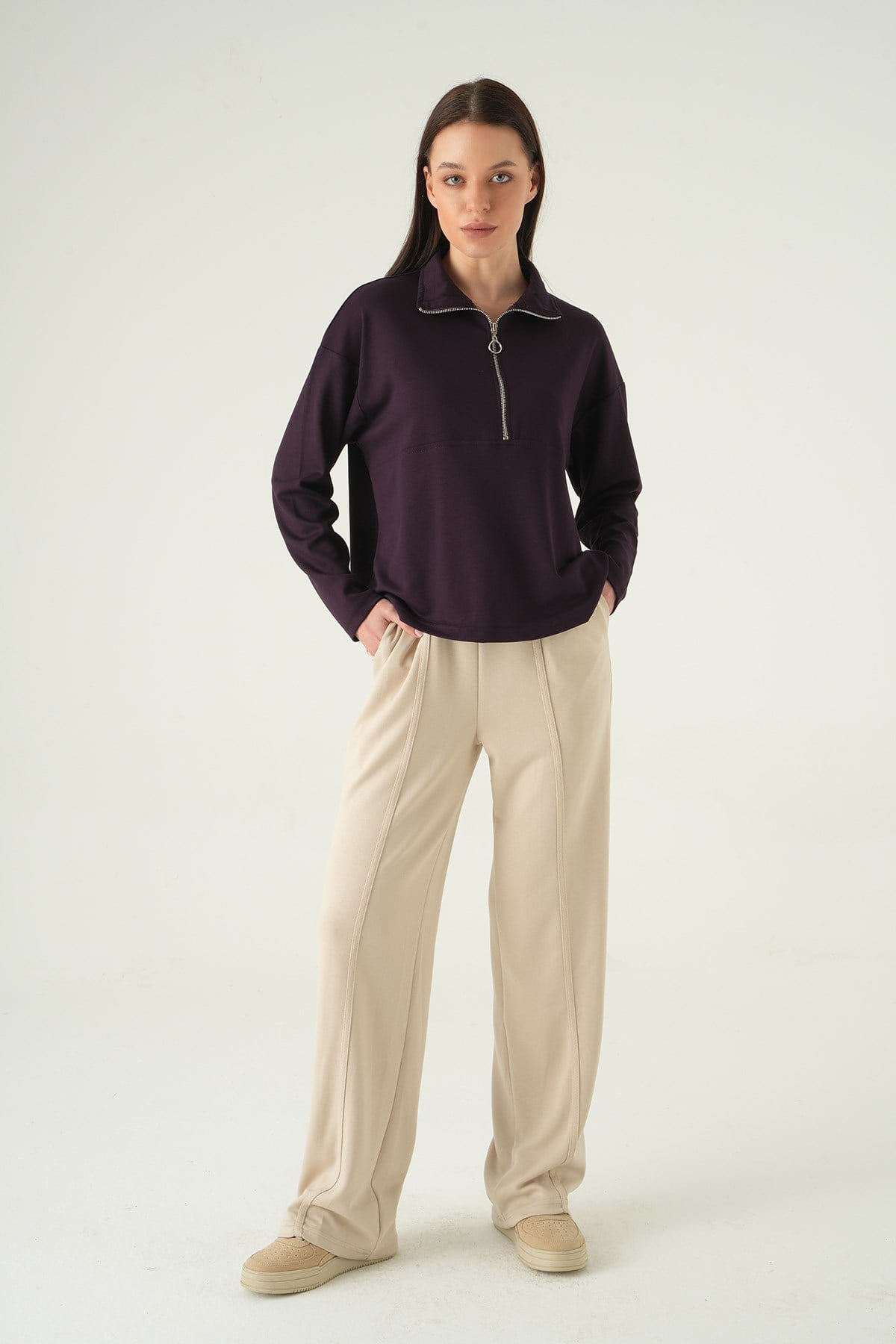 Yarım Fermuarlı Sweat 8249A Mürdüm 3