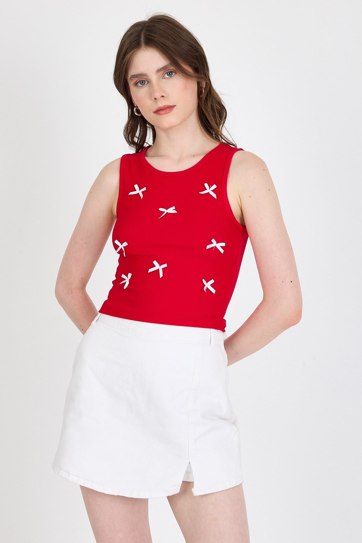 Kırmızı Fiyonk İşlemeli Crop Örme Atlet 0849 2