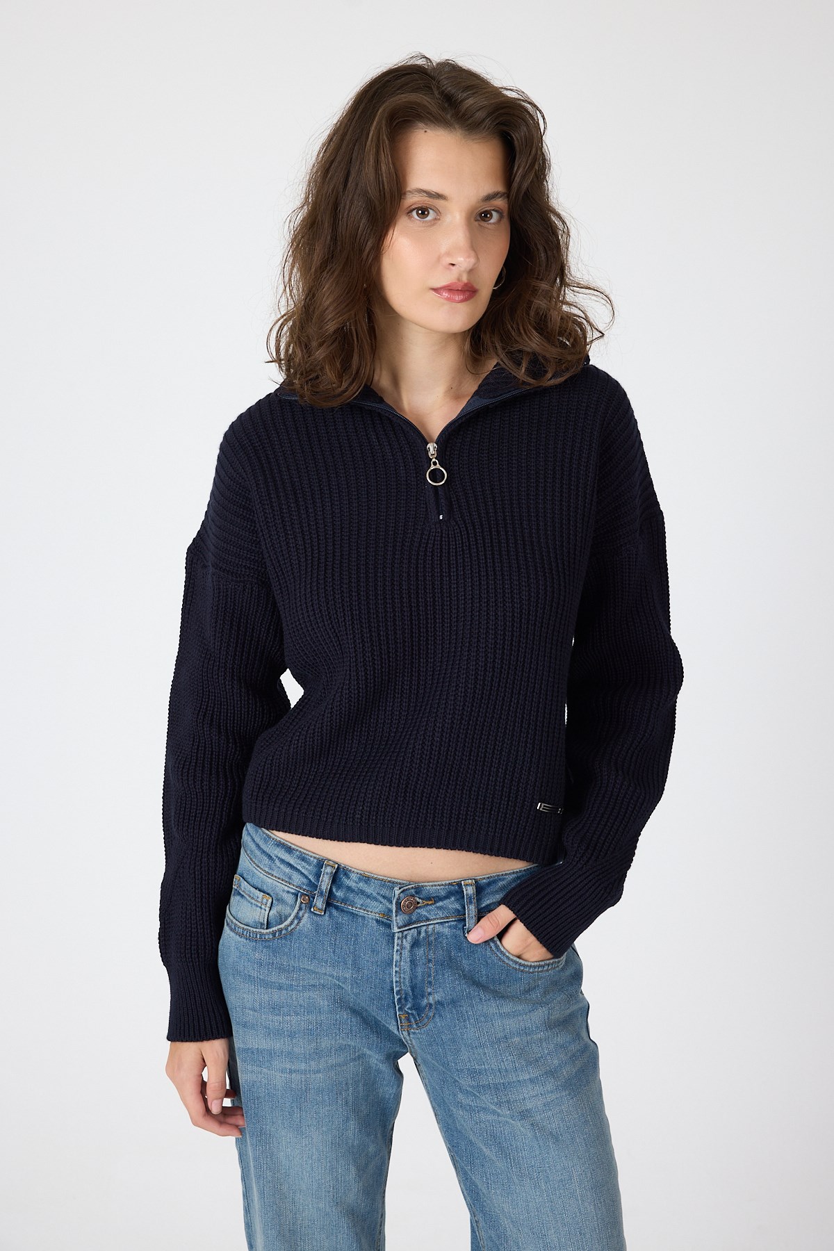 Laci Yarım Fermuarlı Crop Triko Kadın Kazak 7135