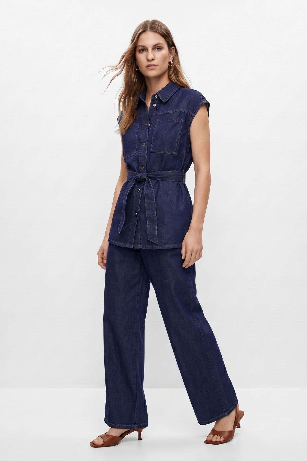 Kuşaklı Sıfır Kol Jean Ceket Pantolon Takım 002 Laci