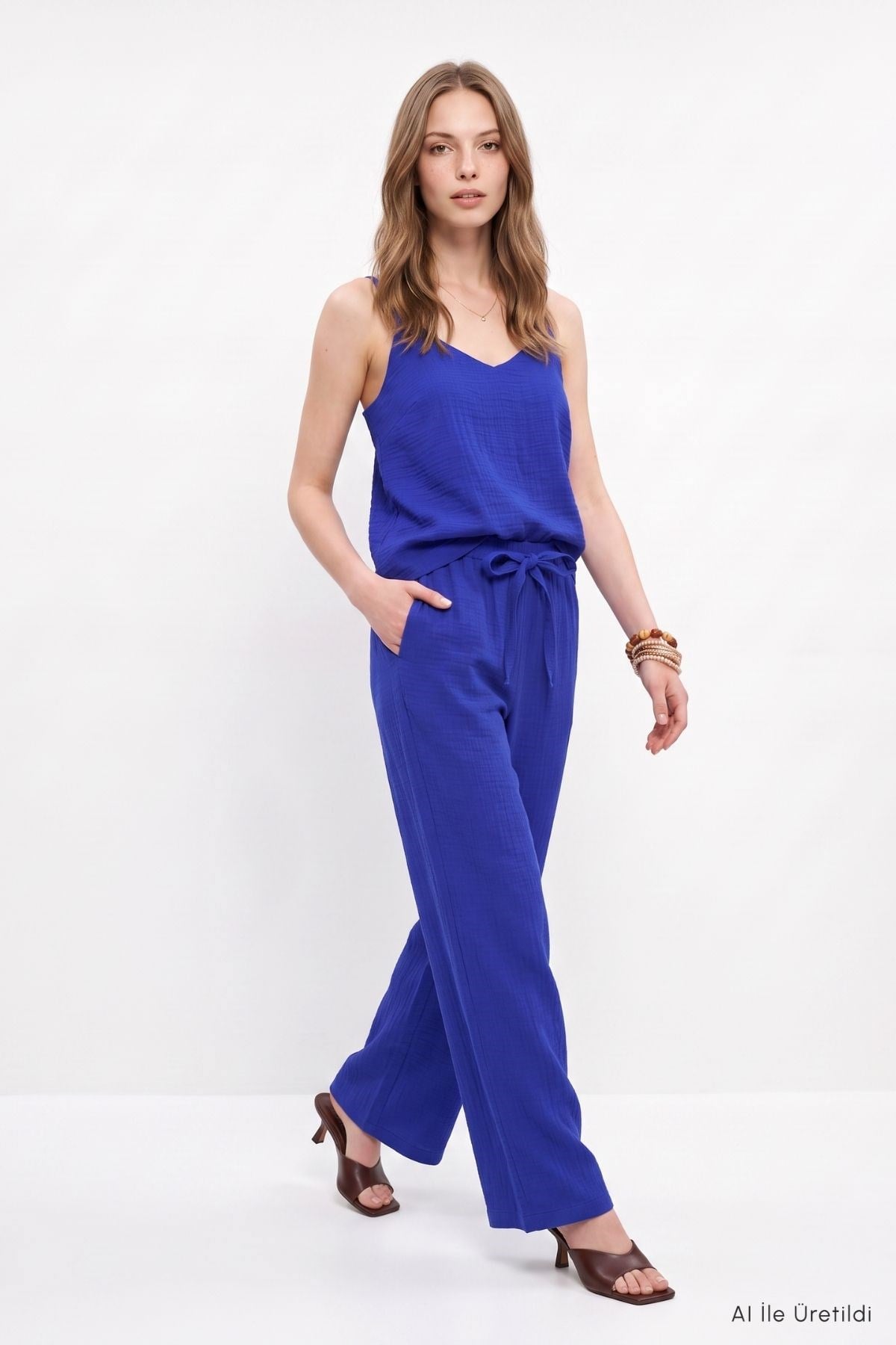 İnce Askılı Bluz Pantolon Takım 8661A Saks