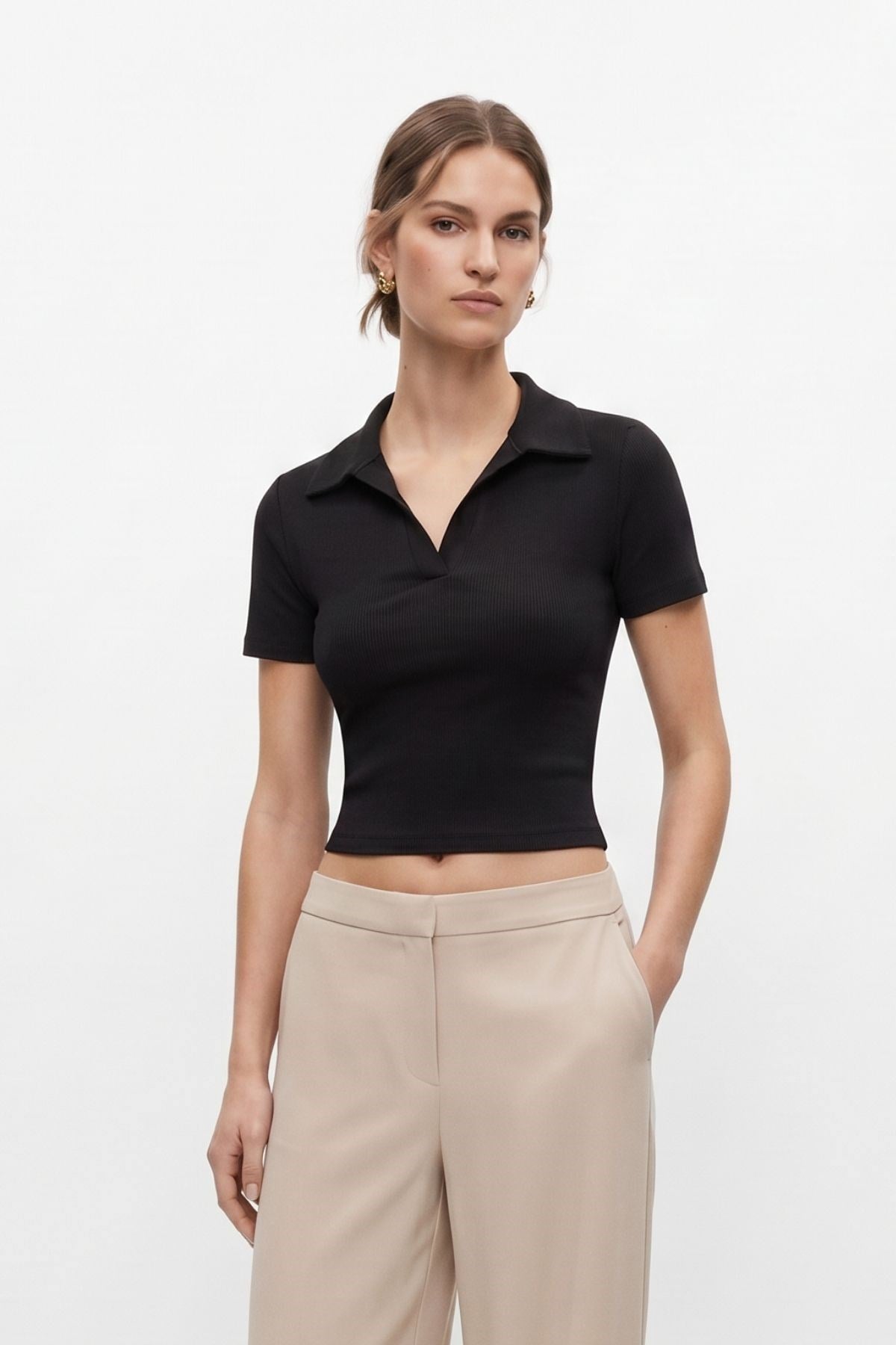 Polo Yaka Kısa Kol Crop Tişört 1024 Siyah