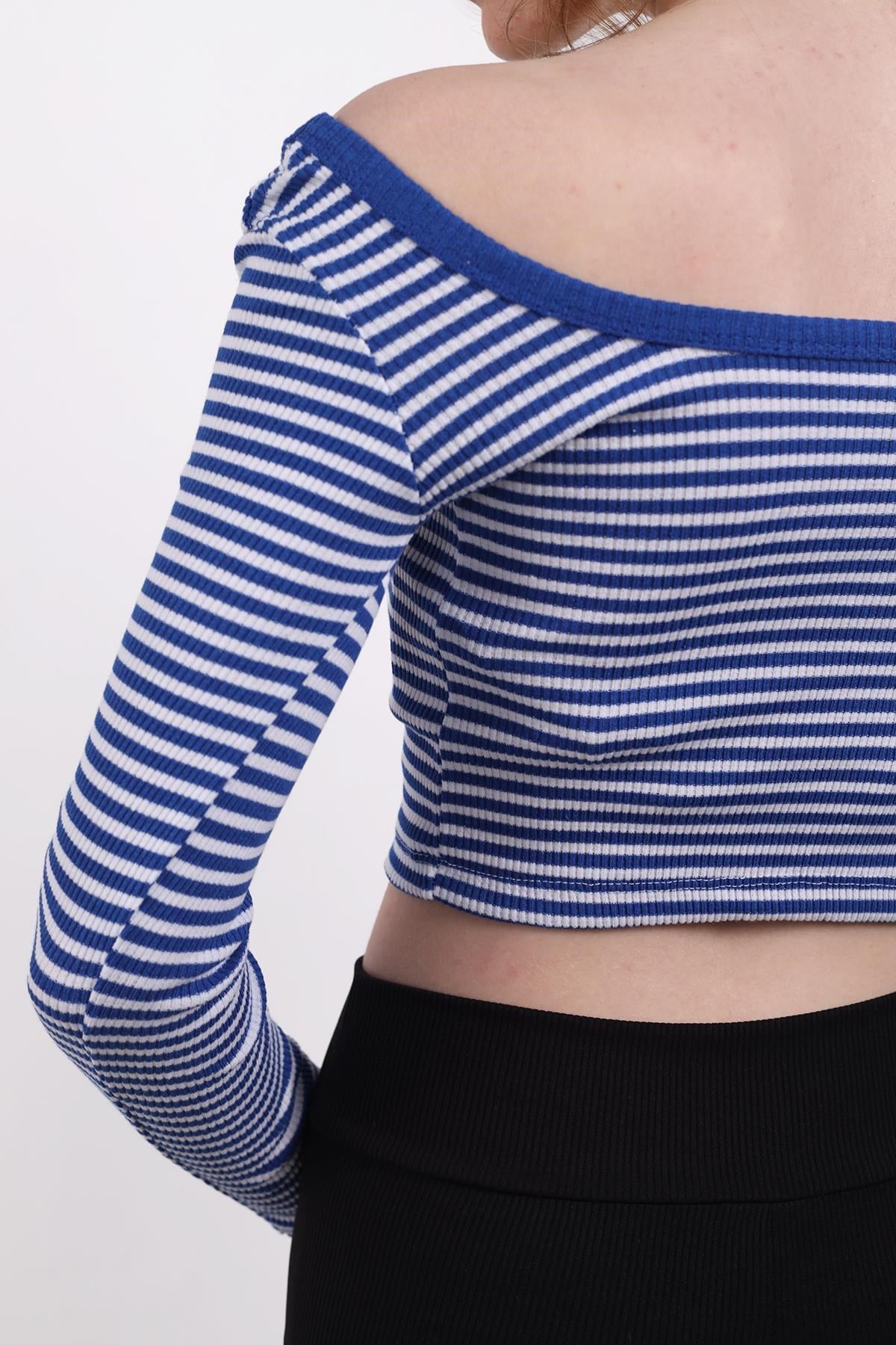 Kare Yaka Çizgili Crop Bluz 9904 Saks 5