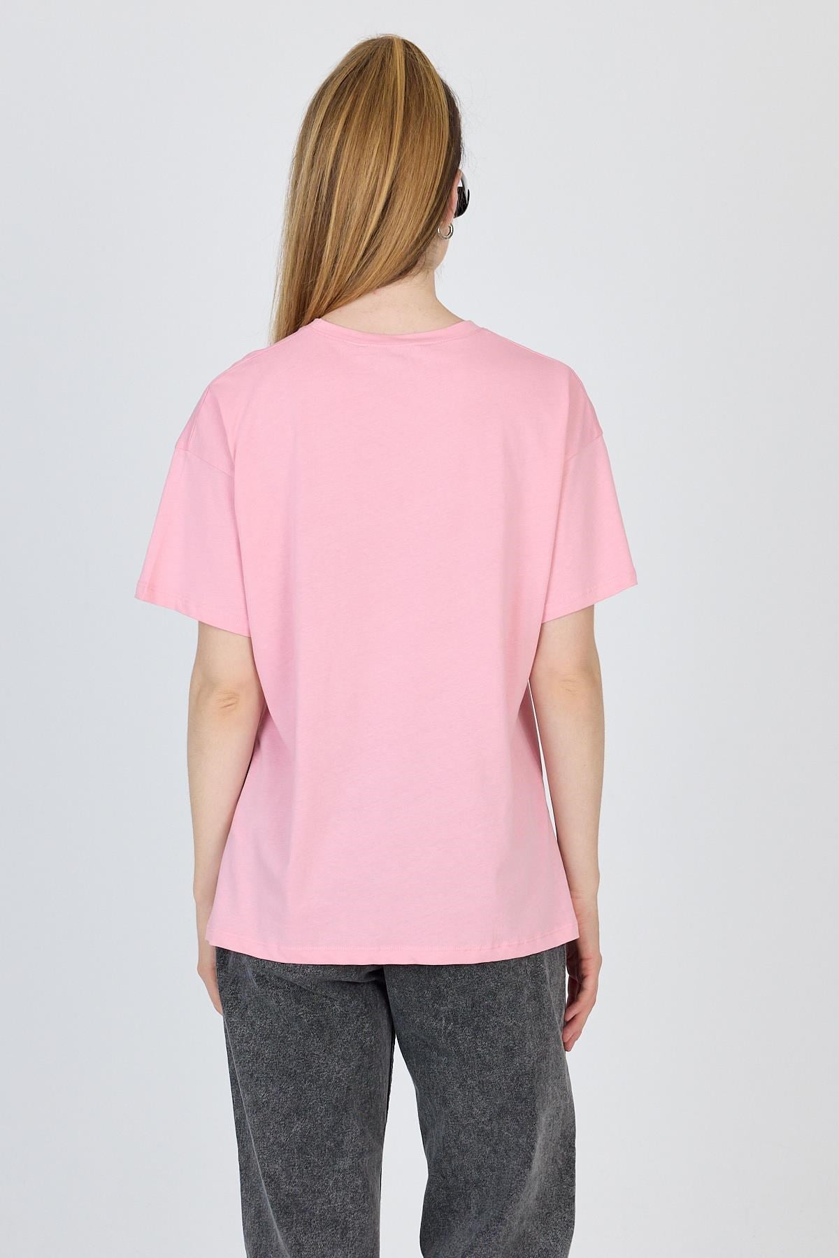 Pembe Yazı Baskılı %100 Pamuk Oversize Tişört 2150-9M 5