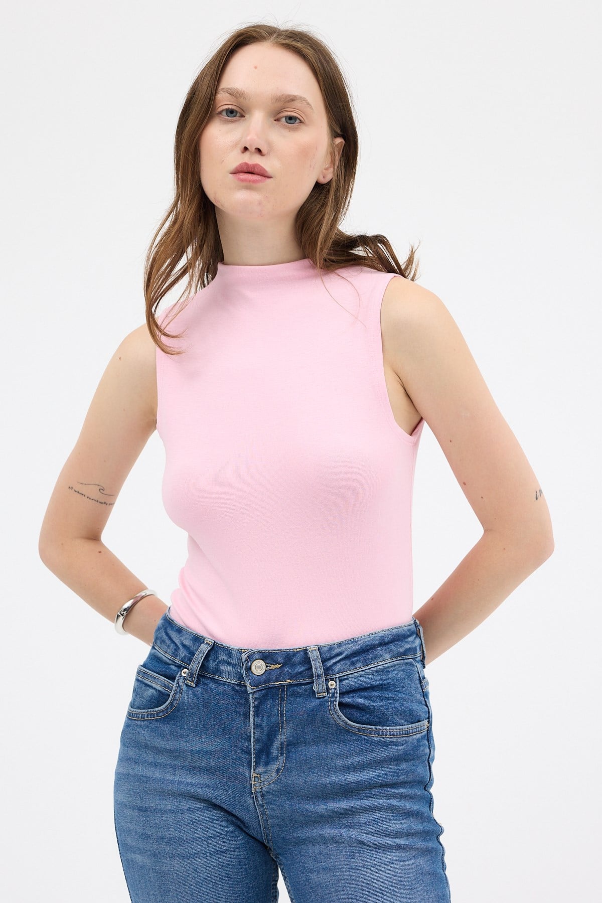 Pembe Kadın Kolsuz Yüksek Yaka Body 8155A 7