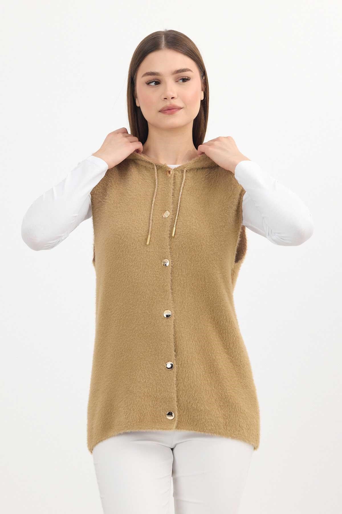 Kapüşonlu Yumoş Yelek 6681 Camel 8