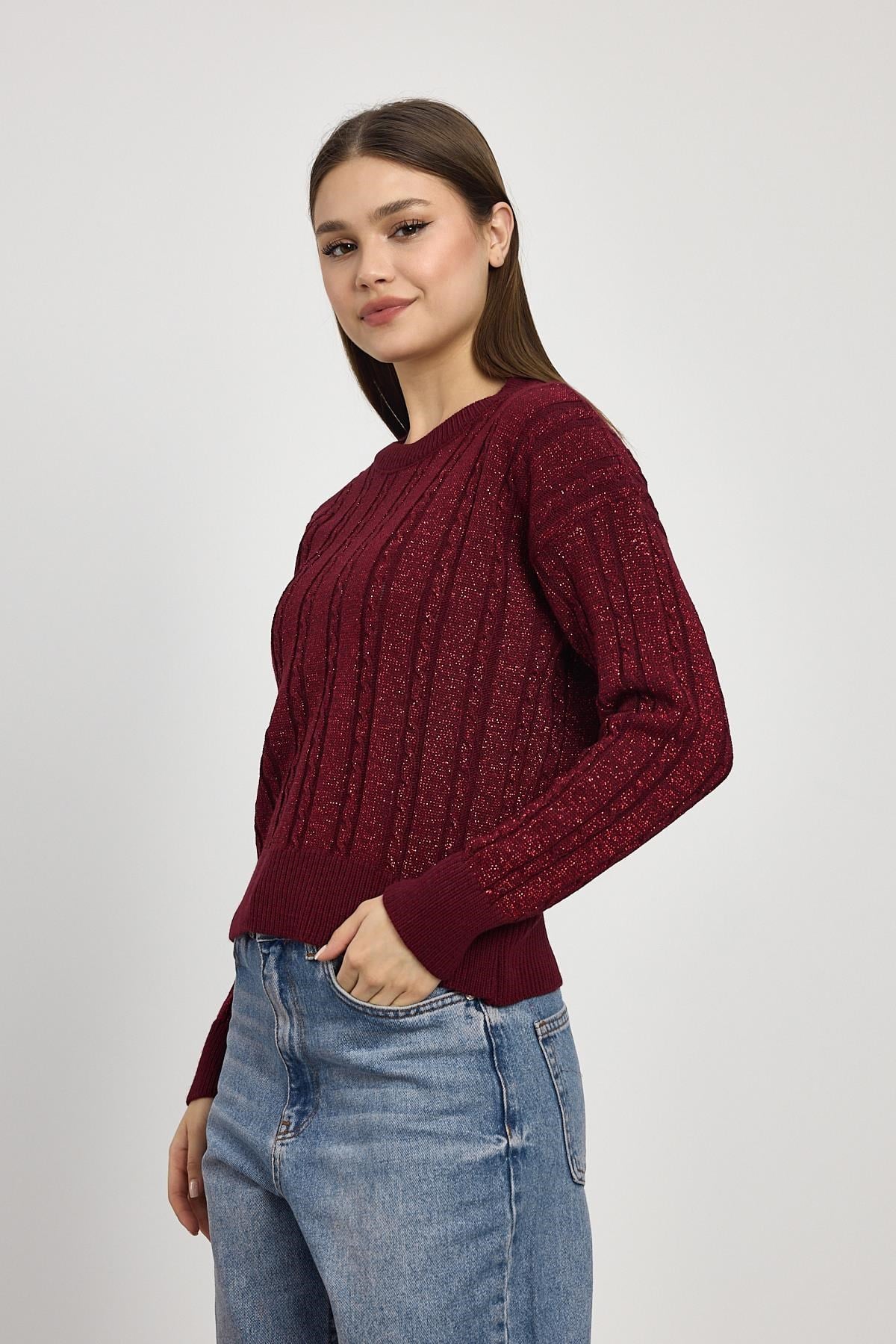 Örgü Detay Simli Triko Kazak 24366 Bordo 3
