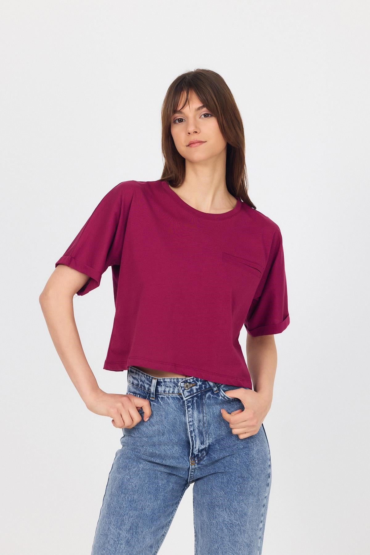 Bordo Cep Detaylı Bisiklet Yaka Crop Tişört 2136M 6