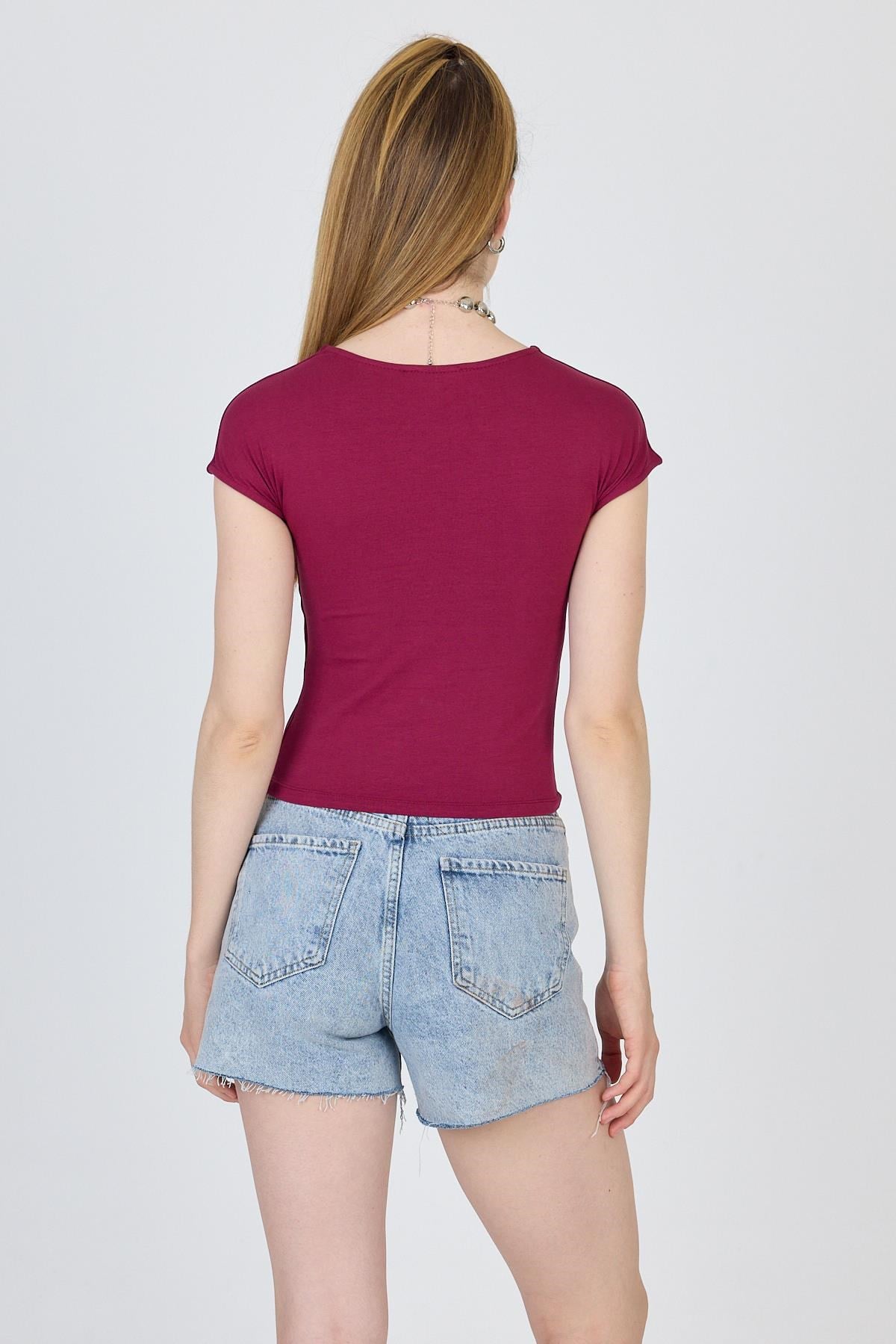Bordo Bisiklet Yaka Pamuklu Slim Fit Tişört 9190 5