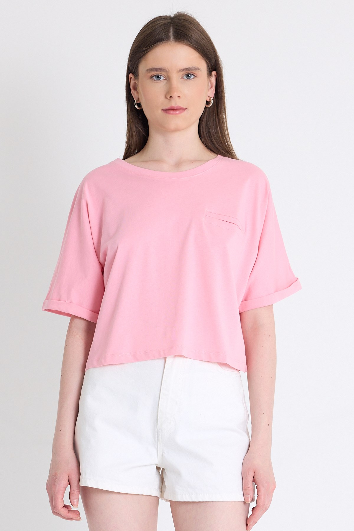 Pembe Cep Detaylı Bisiklet Yaka Crop Tişört 2136M 2