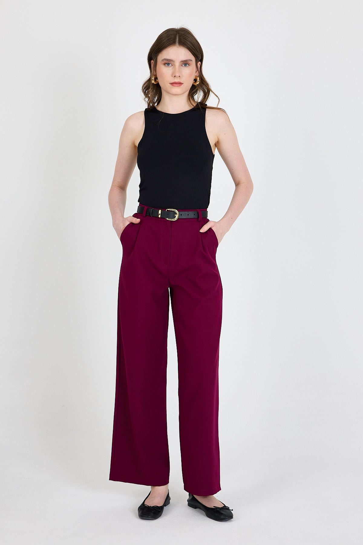 Bordo Pile Detaylı Palazzo Pantolon 4003A