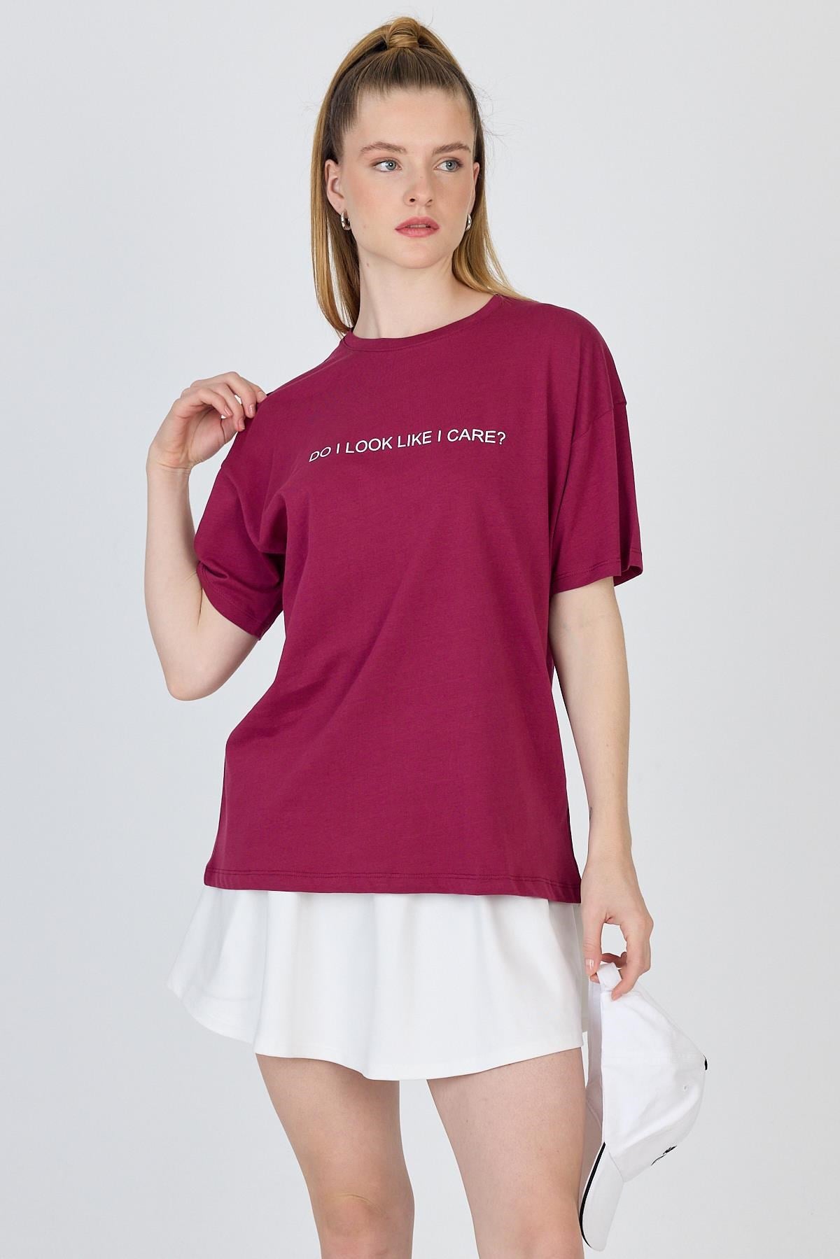 Bordo Yazı Baskılı %100 Pamuk Oversize Tişört 2150-5M 6
