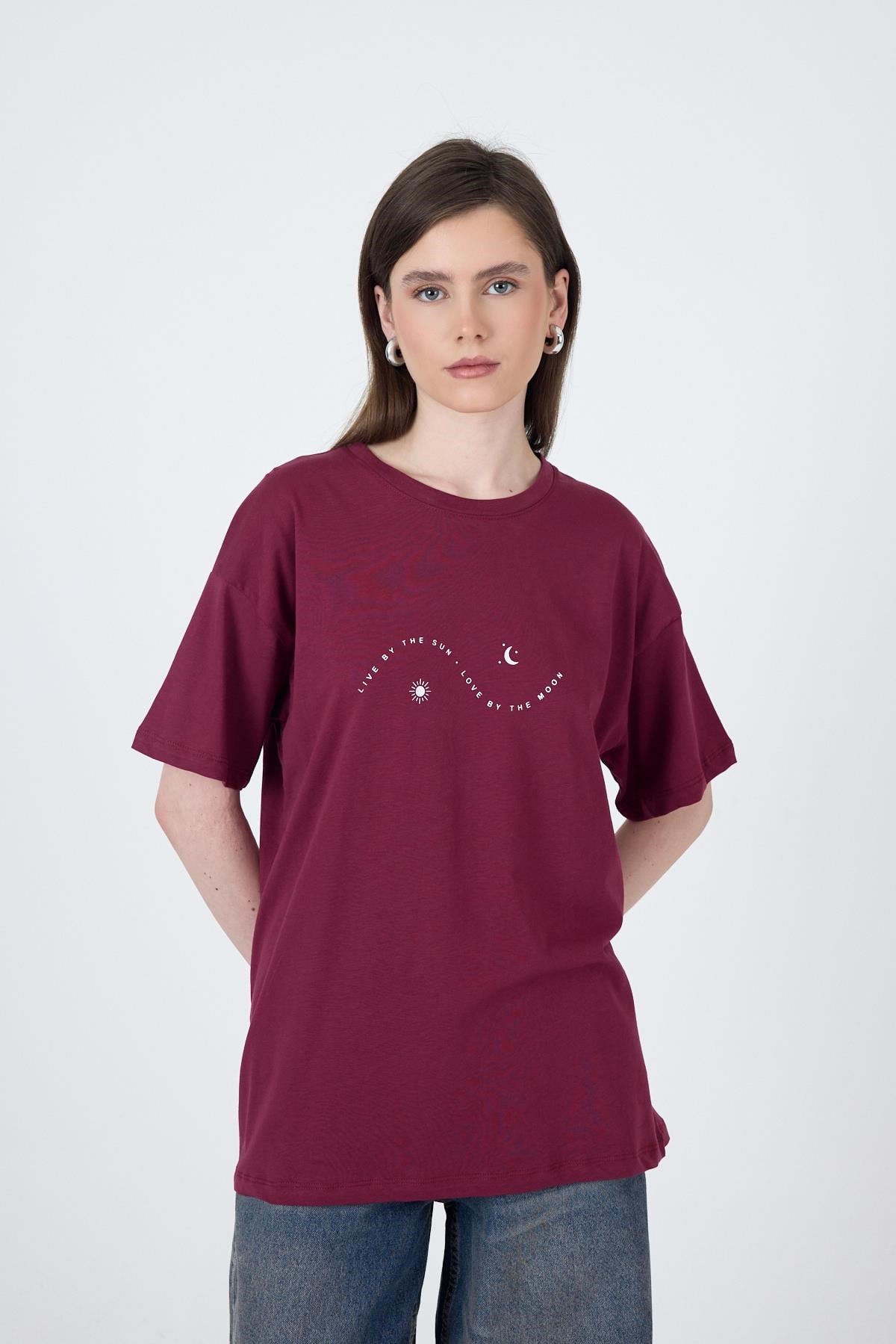 Bordo Yazı Baskılı Oversize Pamuklu Tişört 2150-32M