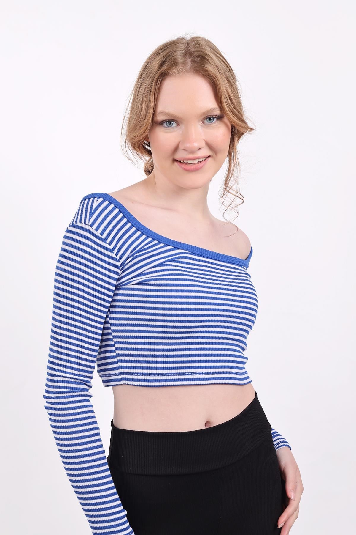 Kare Yaka Çizgili Crop Bluz 9904 Saks