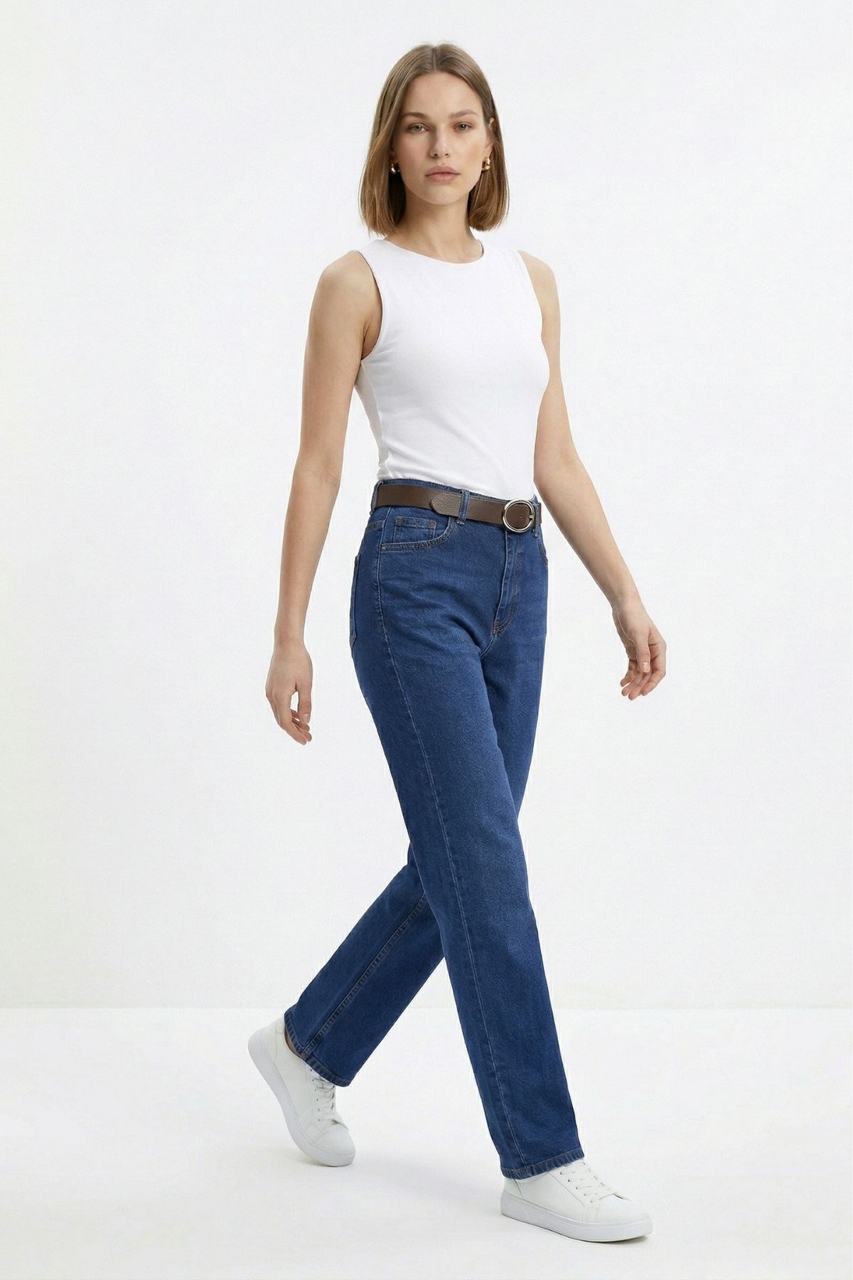 Kemerli Likralı Jean 3043 Mavi