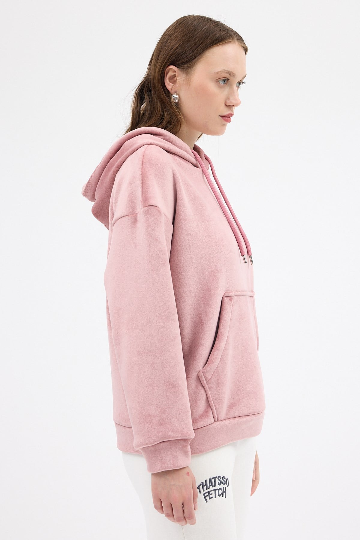 Pembe Kadın Peluş Kanguru Cepli Kapüşonlu Sweatshirt 3061A 2