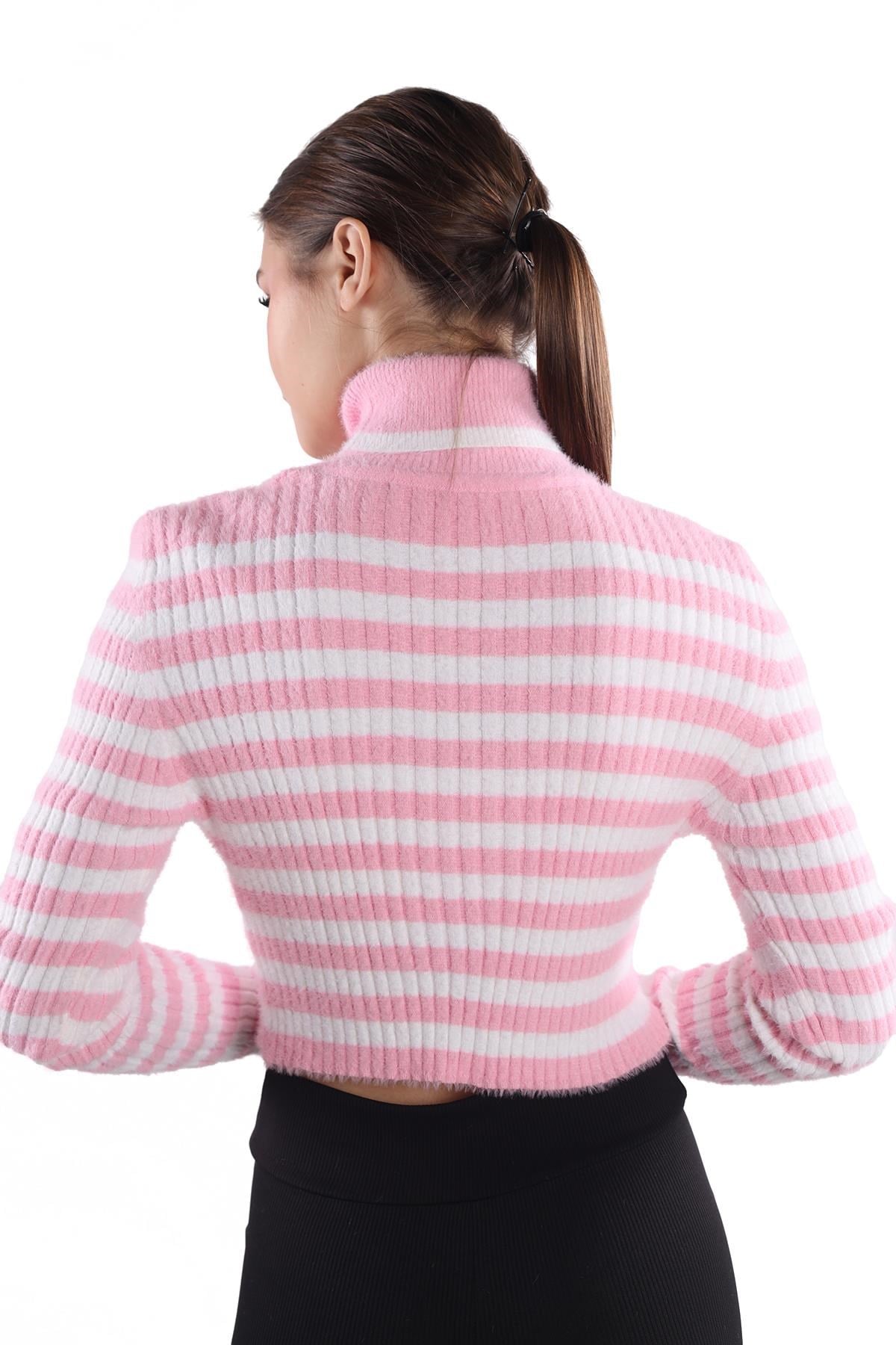 Boğazlı Çizgili Yumoş Kazak 6622 Pembe 4