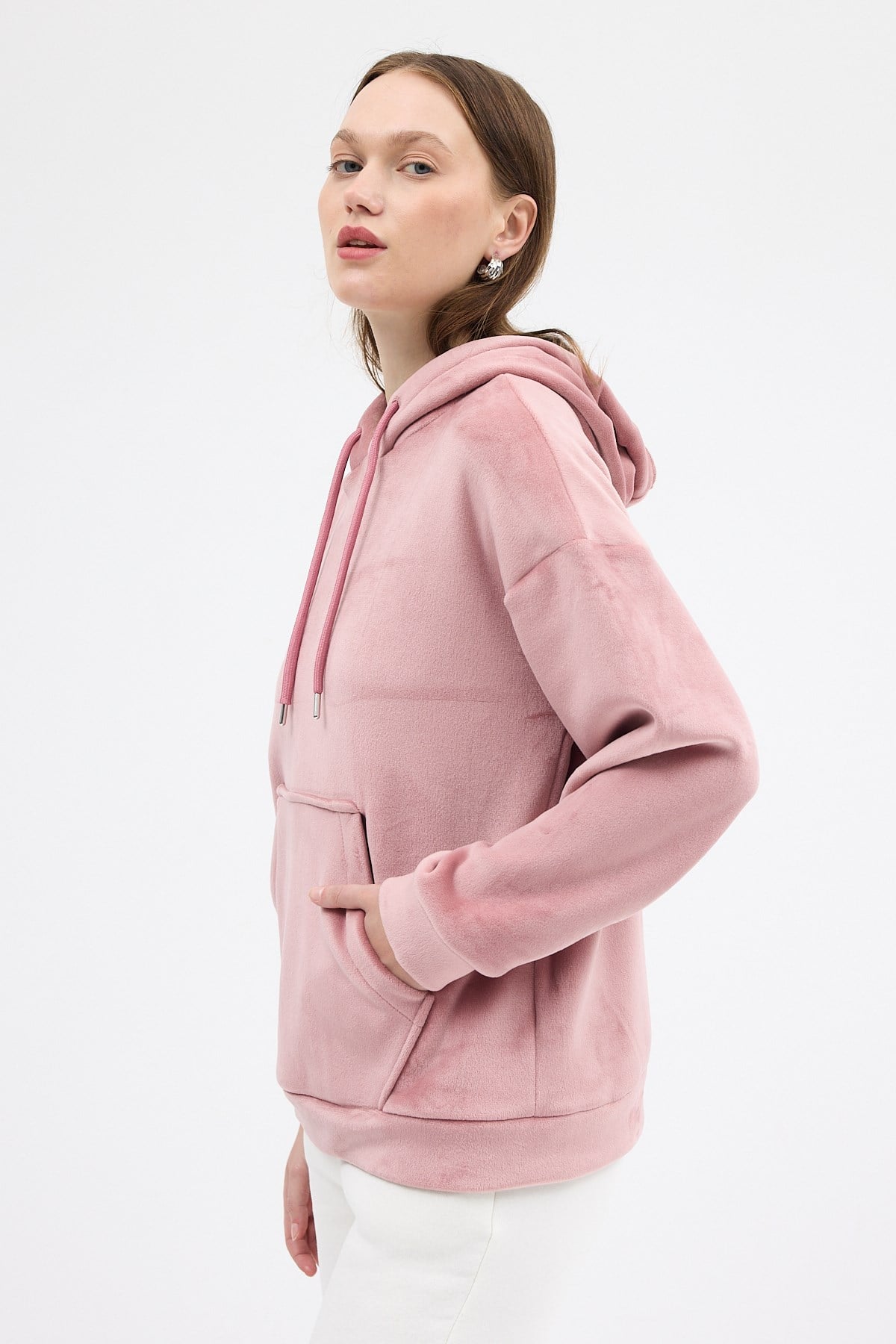 Pembe Kadın Peluş Kanguru Cepli Kapüşonlu Sweatshirt 3061A 6