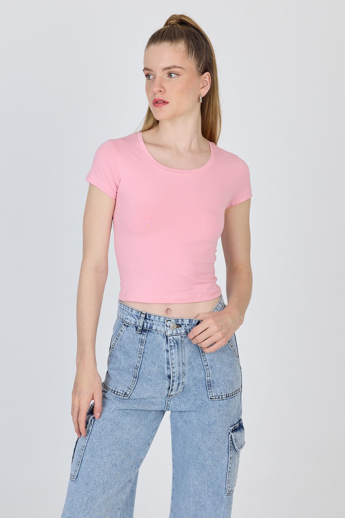 Pembe Bisiklet Yaka Basic Crop Tişört 9200M 6