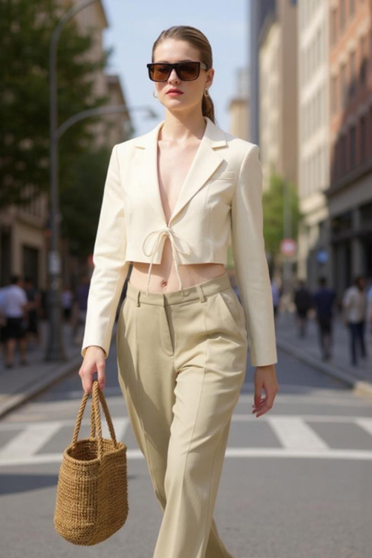 Natural Keten Görünümlü %100 Pamuk Bağlama Detaylı Crop Blazer Ceket 7070