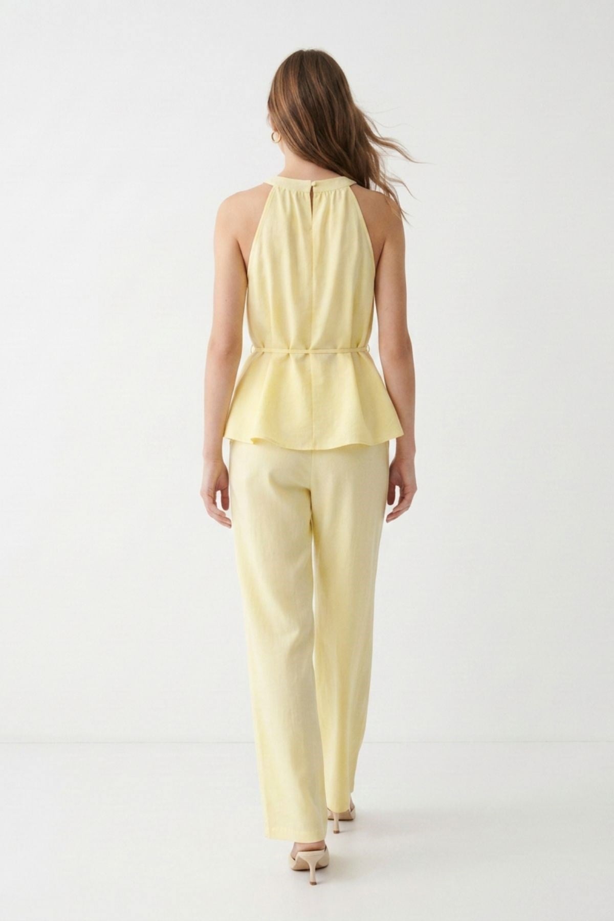 Halter Yaka Bluz Geniş Paça Pantolon 7130 Sarı 3