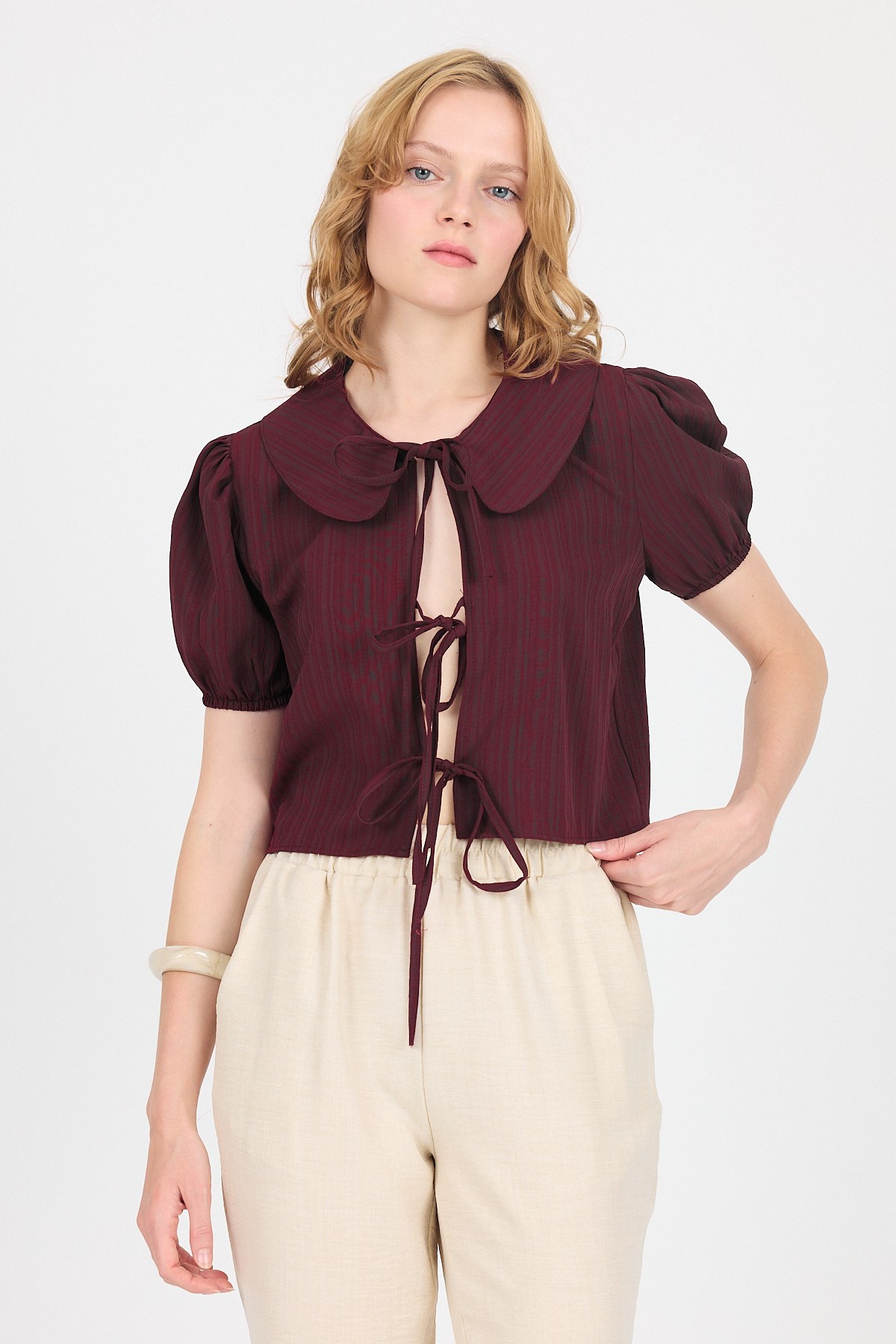 Bordo Bağlama Detaylı Bebe Yaka Crop Bluz 8064 6