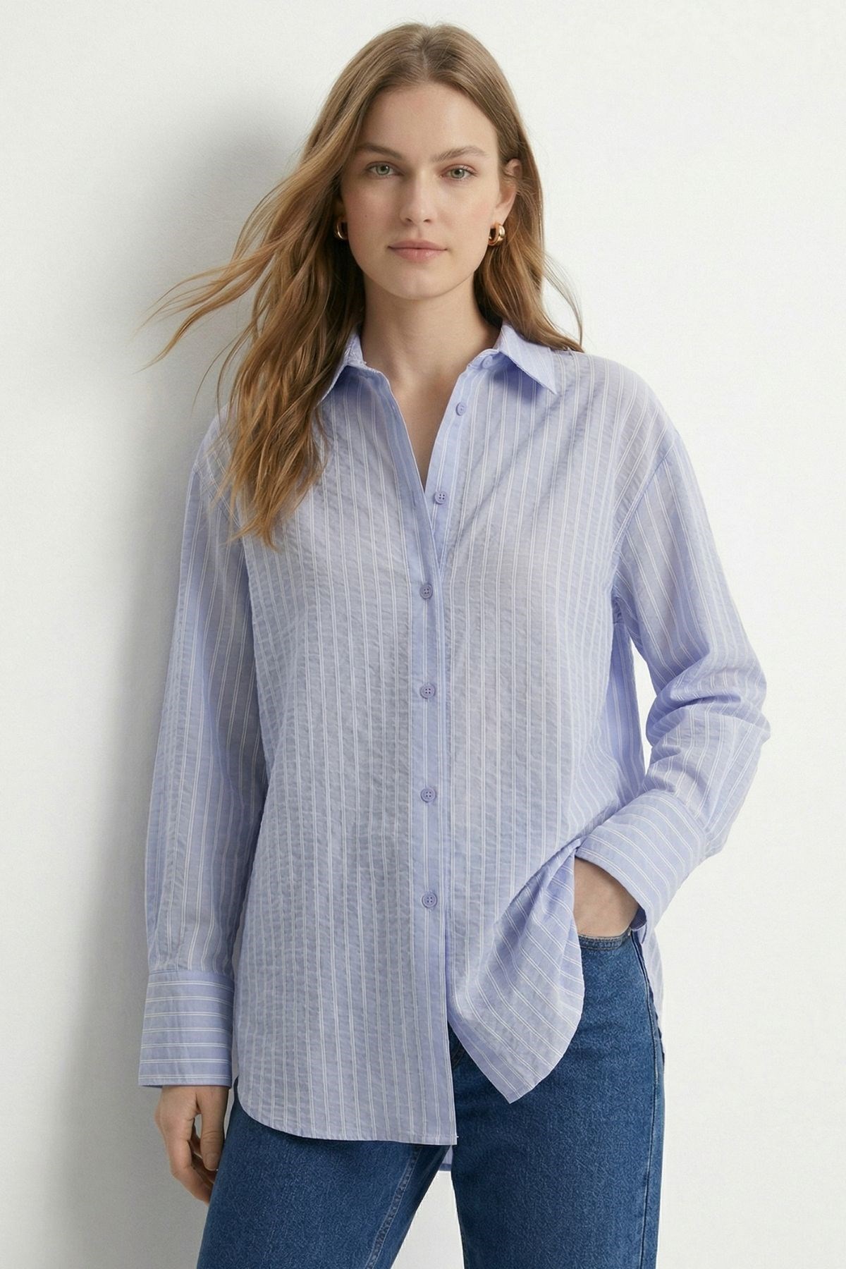 Çizgili Oversize Gömlek 5460 Mavi 2