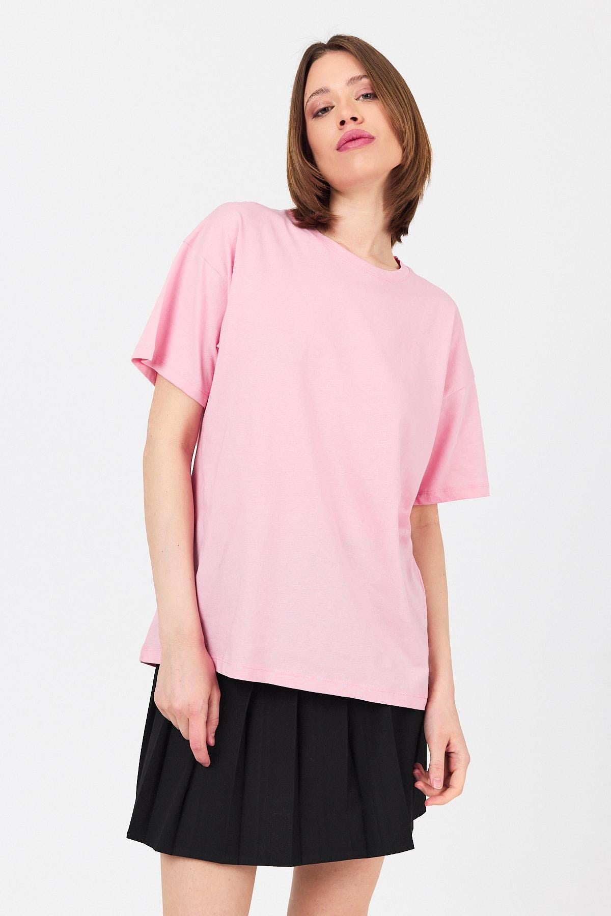 Pembe Arka Yazı Baskılı Kalpli %100 Pamuk Oversize Tişört 2150-33M 8