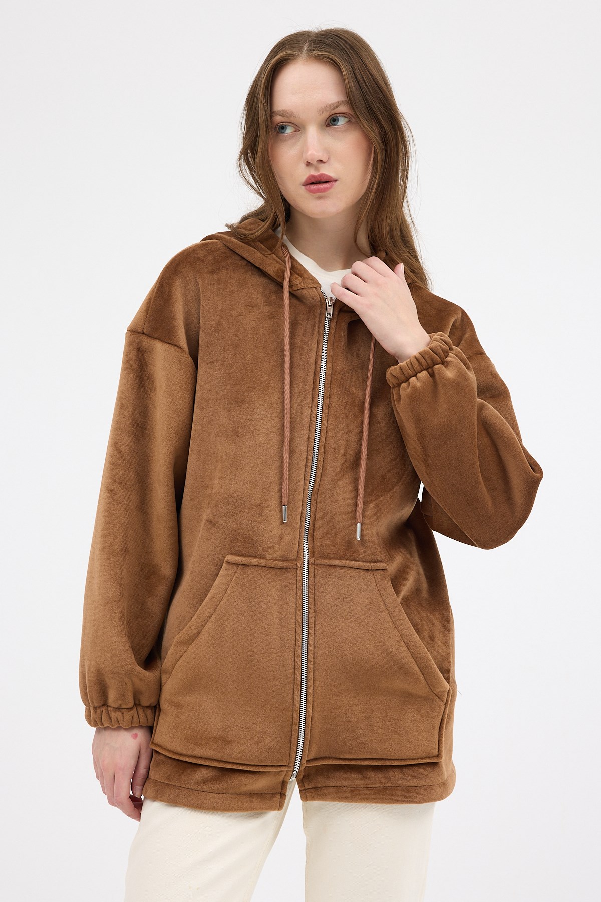 Taba Peluş Fermuarlı Kapüşonlu Kadın Sweatshirt 3057A