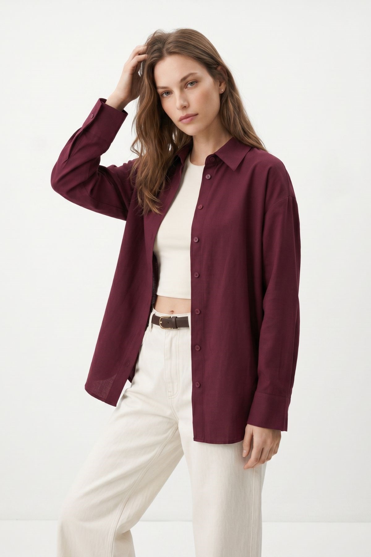 Bordo Relaxed Fit Rahat Kesim Basic Gömlek - 6621A 3