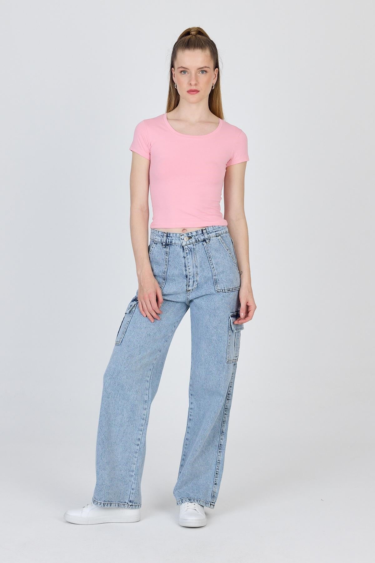 Pembe Bisiklet Yaka Basic Crop Tişört 9200M 3