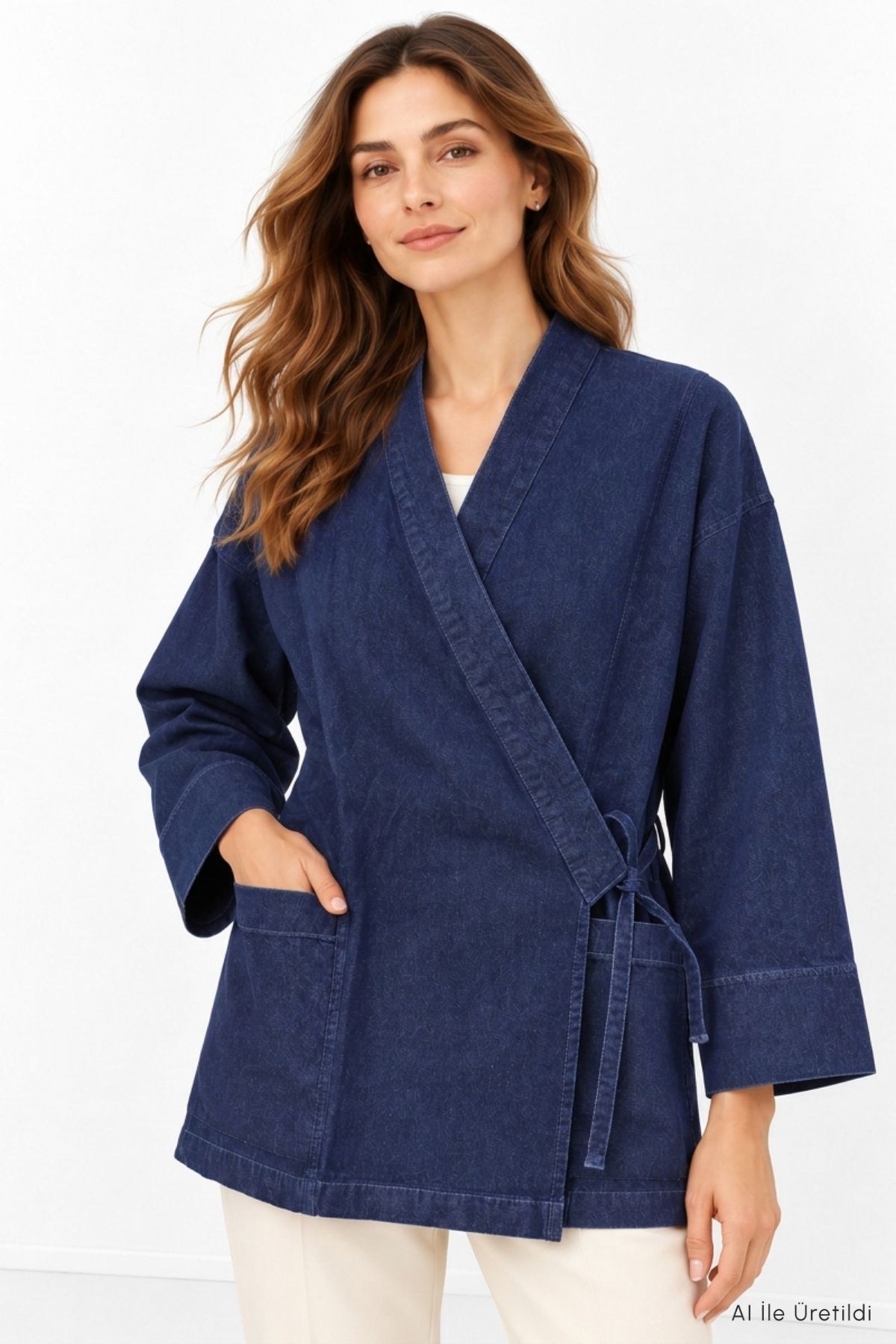 Yandan Bağlamalı Kot Kimono 3516 Koyu Mavi