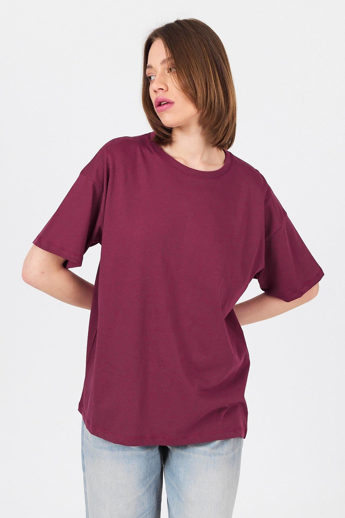 Bordo Omuz Yazı Baskılı %100 Pamuk Oversize Tişört 2150-30M 3