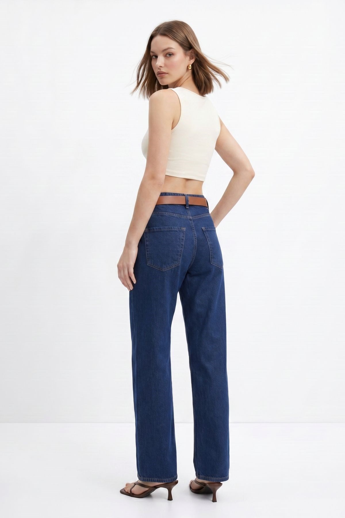 Koyu Mavi Yüksek Bel Kemerli Jean 3069 3