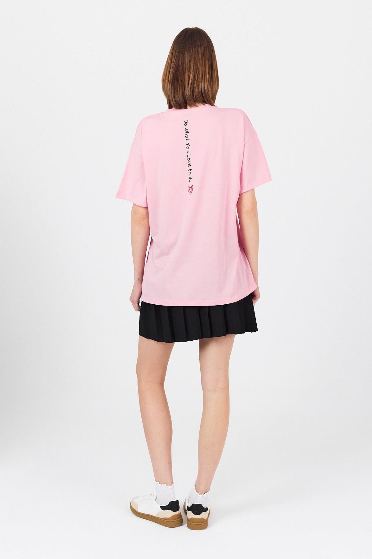 Pembe Arka Yazı Baskılı Kalpli %100 Pamuk Oversize Tişört 2150-33M 6