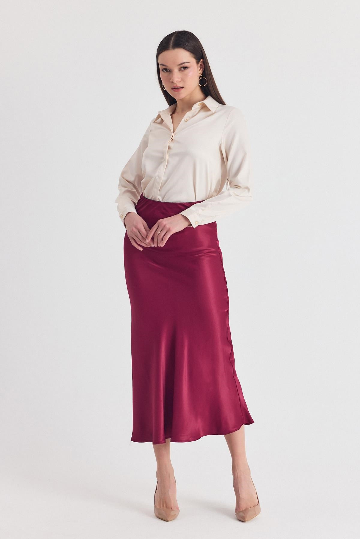 Bordo Beli Lastikli Saten Midi Etek 9427