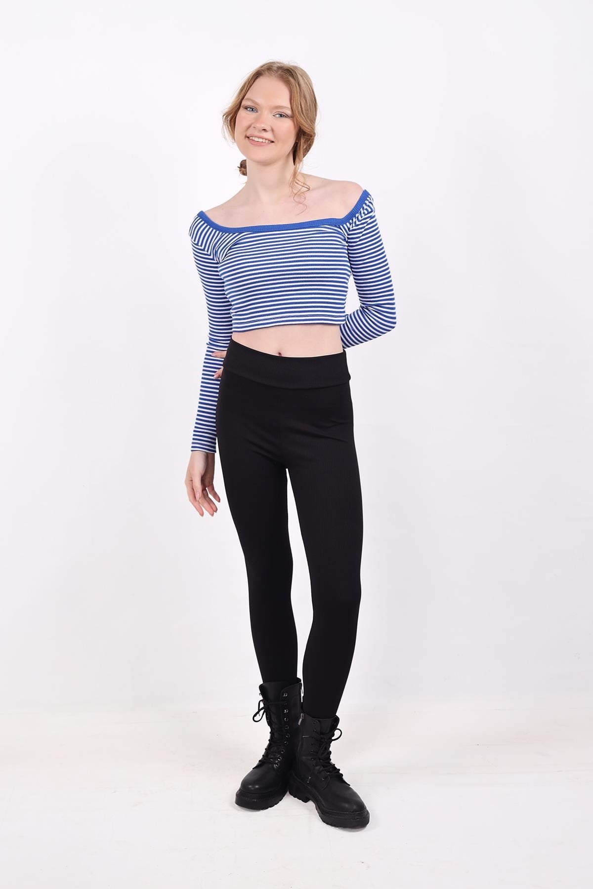 Kare Yaka Çizgili Crop Bluz 9904 Saks 7