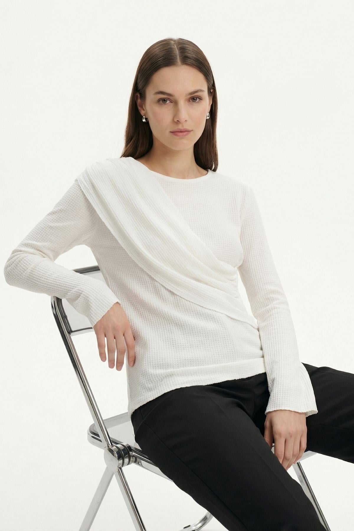 Bisiklet Yaka Drapeli Bluz 252134 Ekru 2