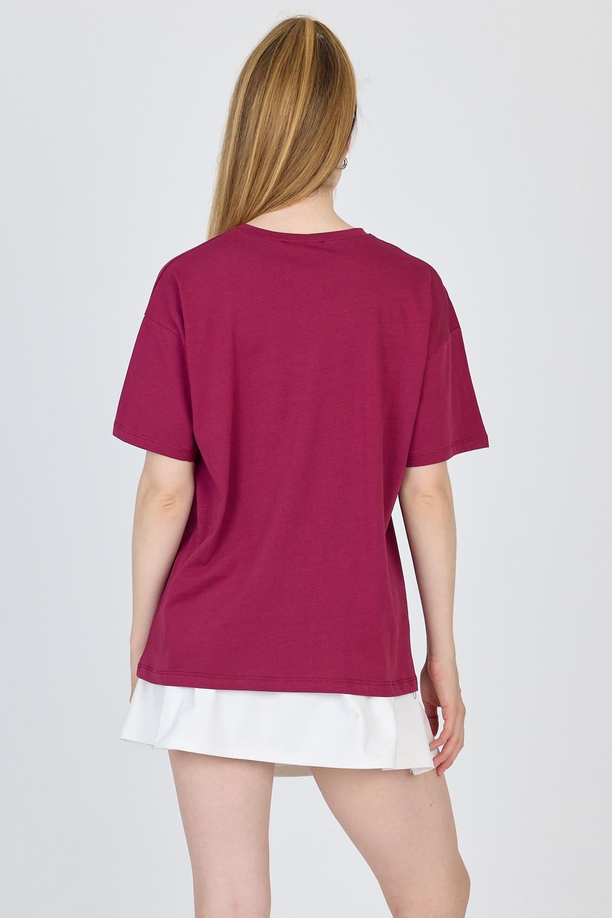 Bordo Yazı Baskılı %100 Pamuk Oversize Tişört 2150-5M 5