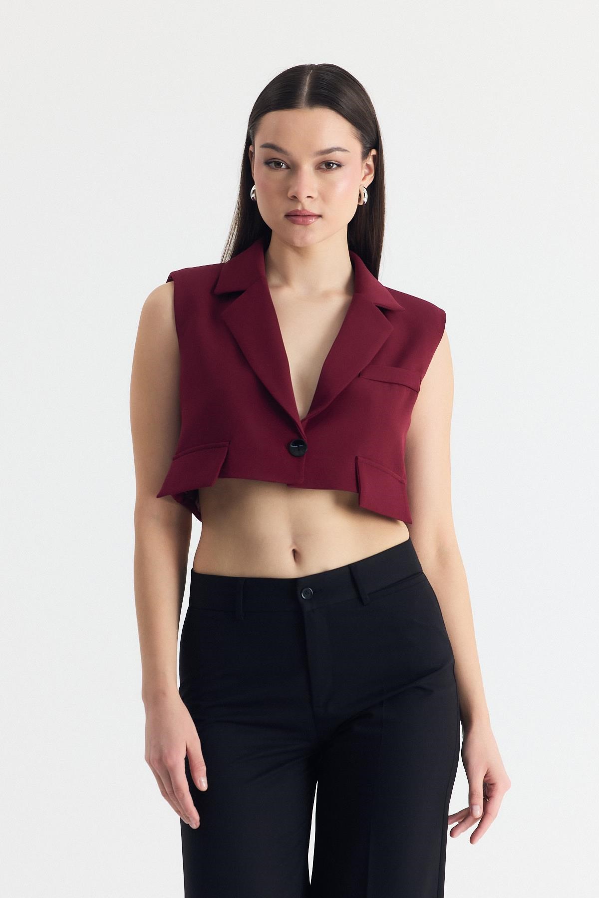 Bordo Crop Vatkalı Tek Düğme Cep Detay Yelek 6929 7