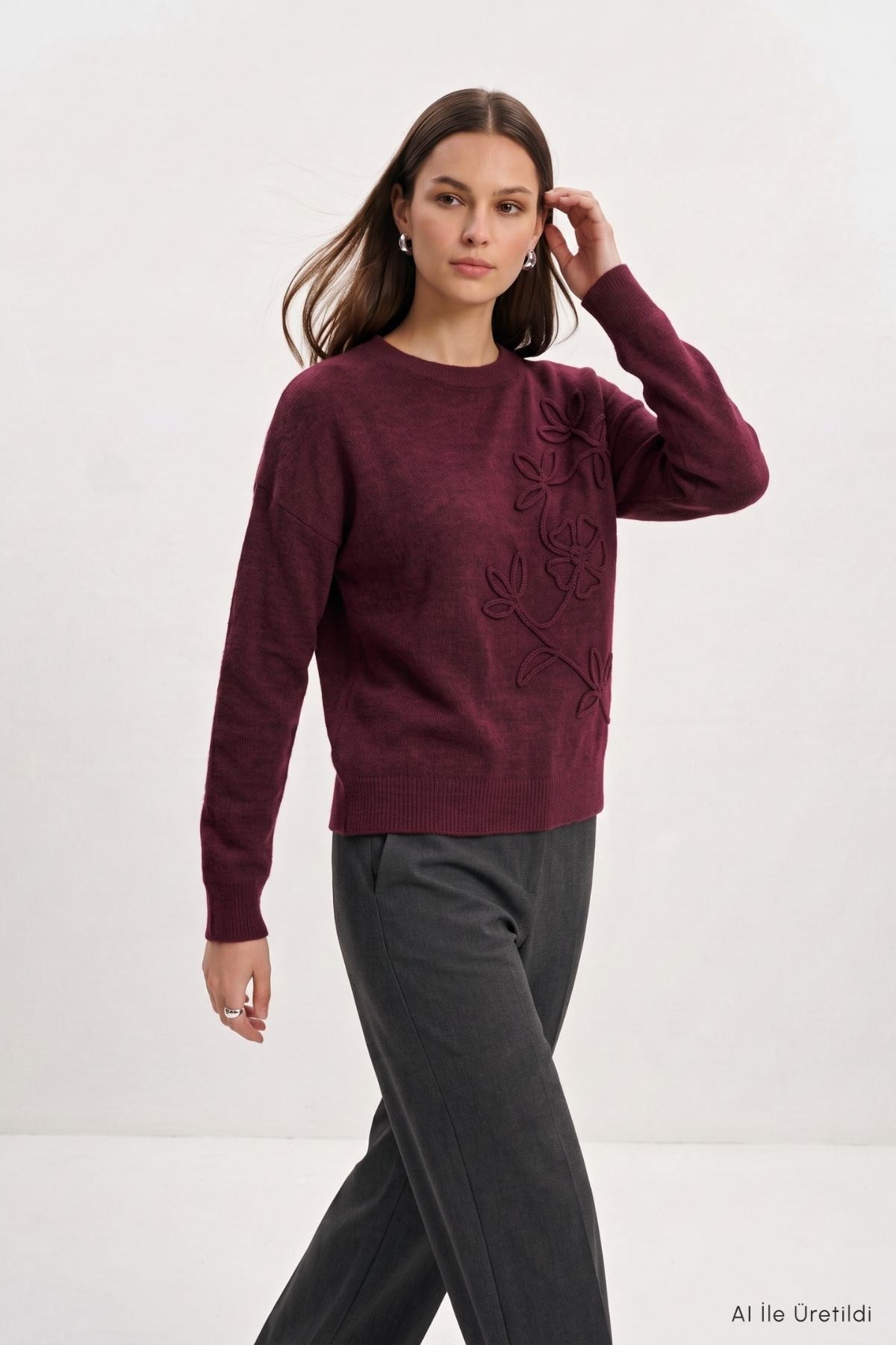 Çiçek Nakış Kazak 70056 Bordo