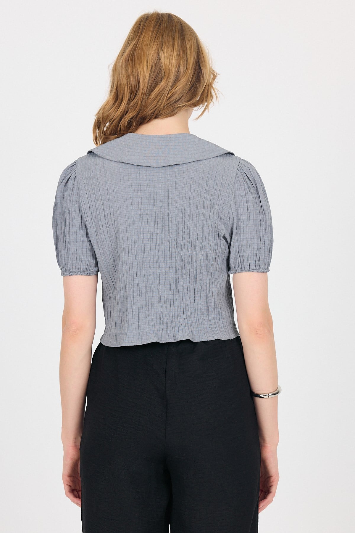 Gri Bağlama Detaylı Bebe Yaka Crop Bluz 8064 5