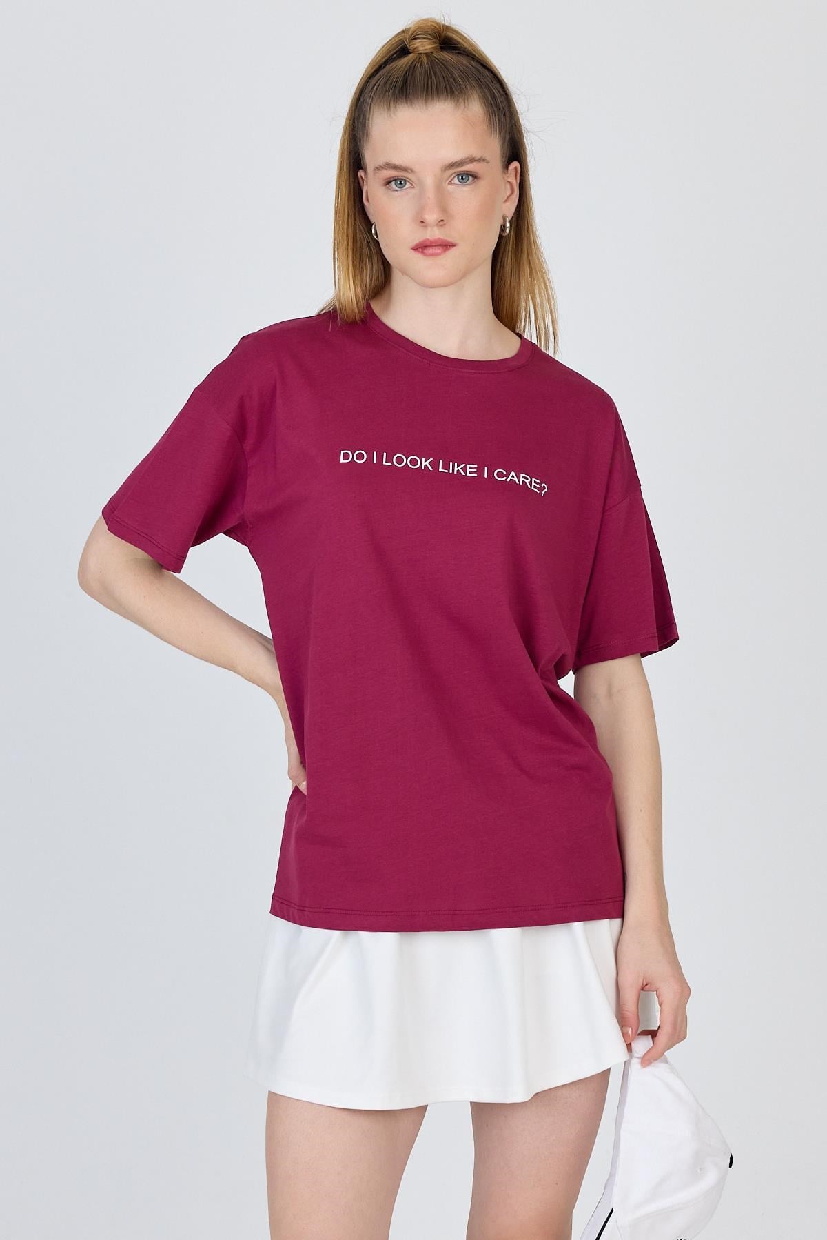 Bordo Yazı Baskılı %100 Pamuk Oversize Tişört 2150-5M 7