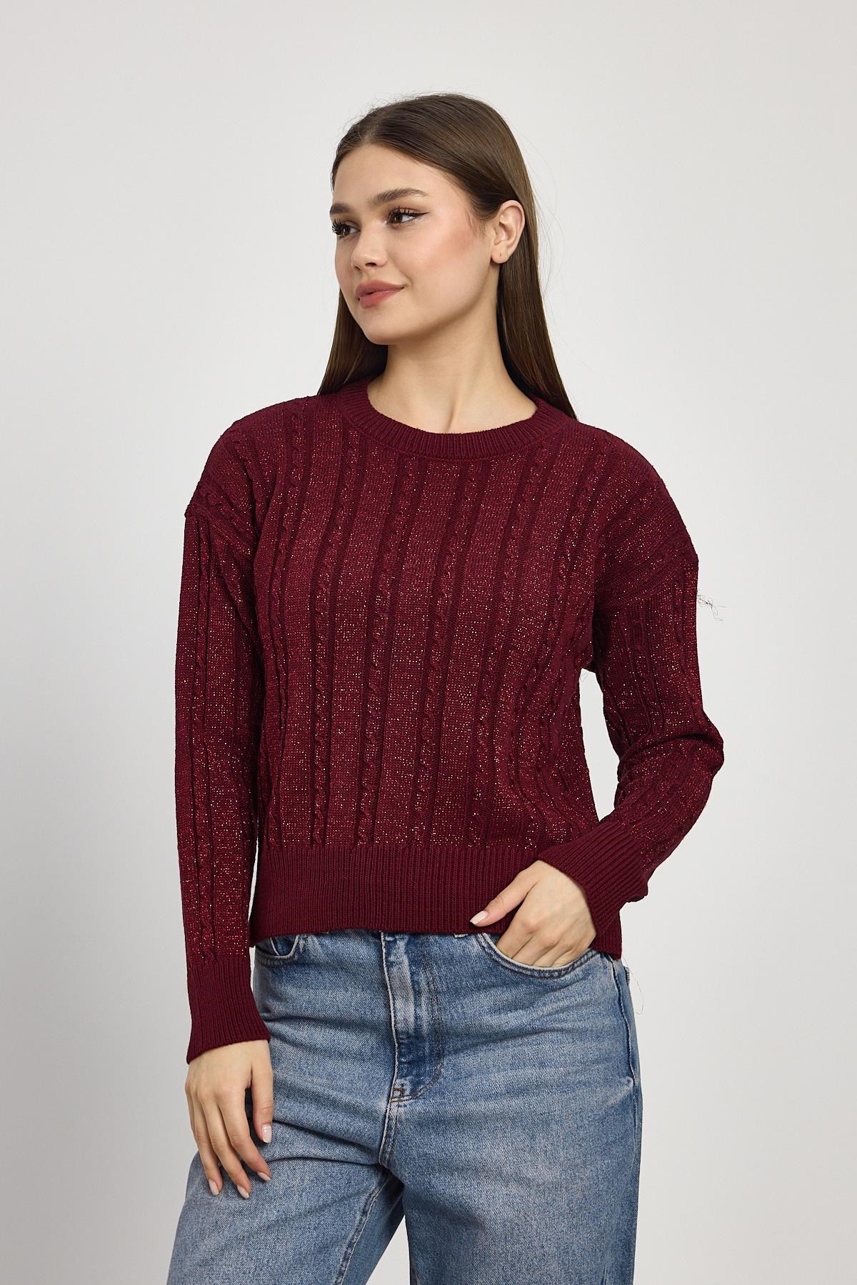 Örgü Detay Simli Triko Kazak 24366 Bordo