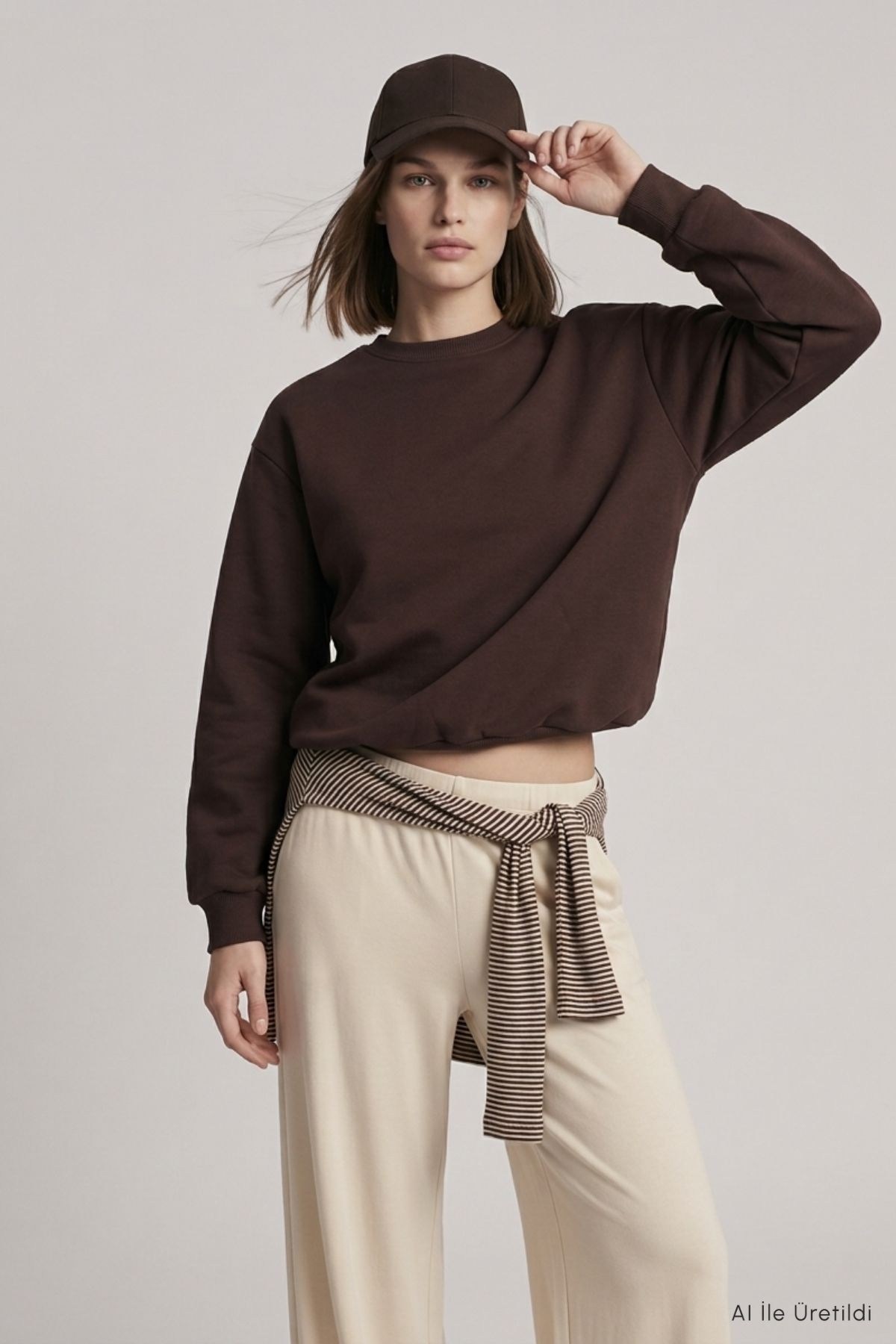 Yarasa Kollu Beli Lastikli  Crop Sweatshirt 979 Kahve