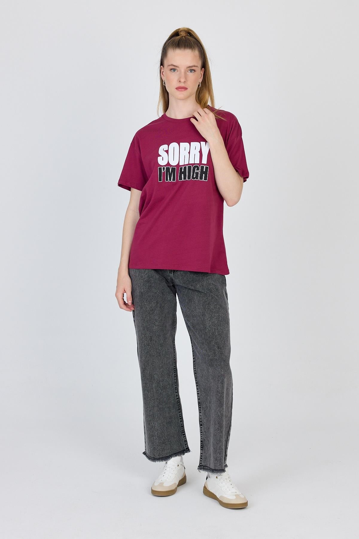 Bordo Yazı Baskılı %100 Pamuk Oversize Tişört 2150-7M 2