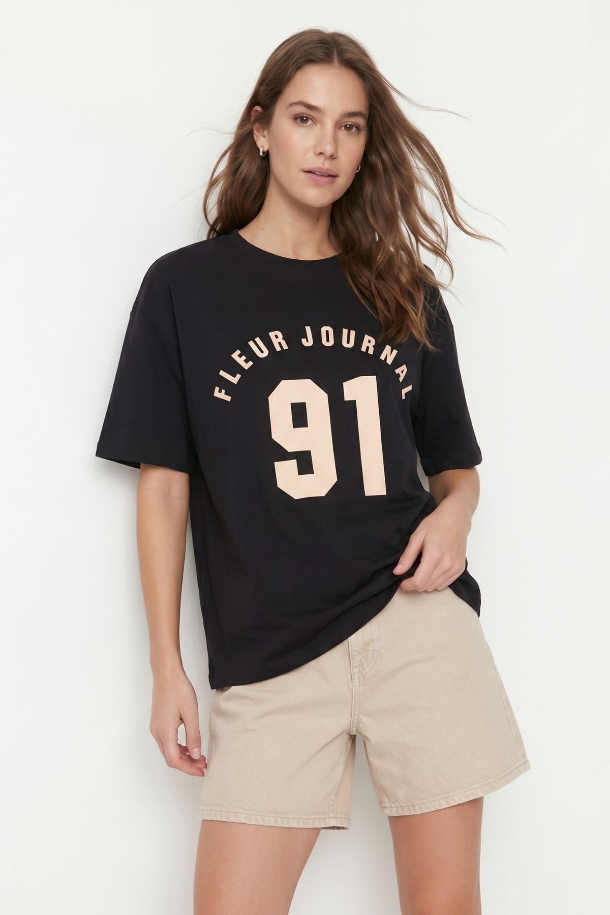 Bisiklet Yaka Kısa Kol Baskılı Oversize Tişört 8458 Siyah