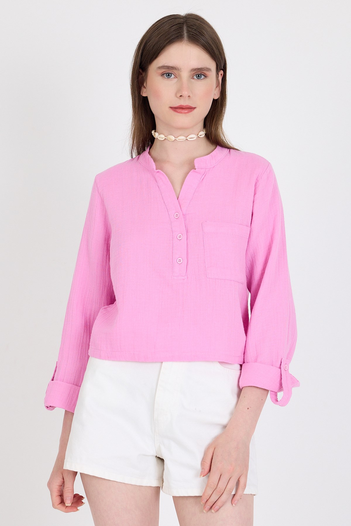Pembe %100 Pamuk Keten Görünümlü Hakim Yaka Crop Gömlek 4702A